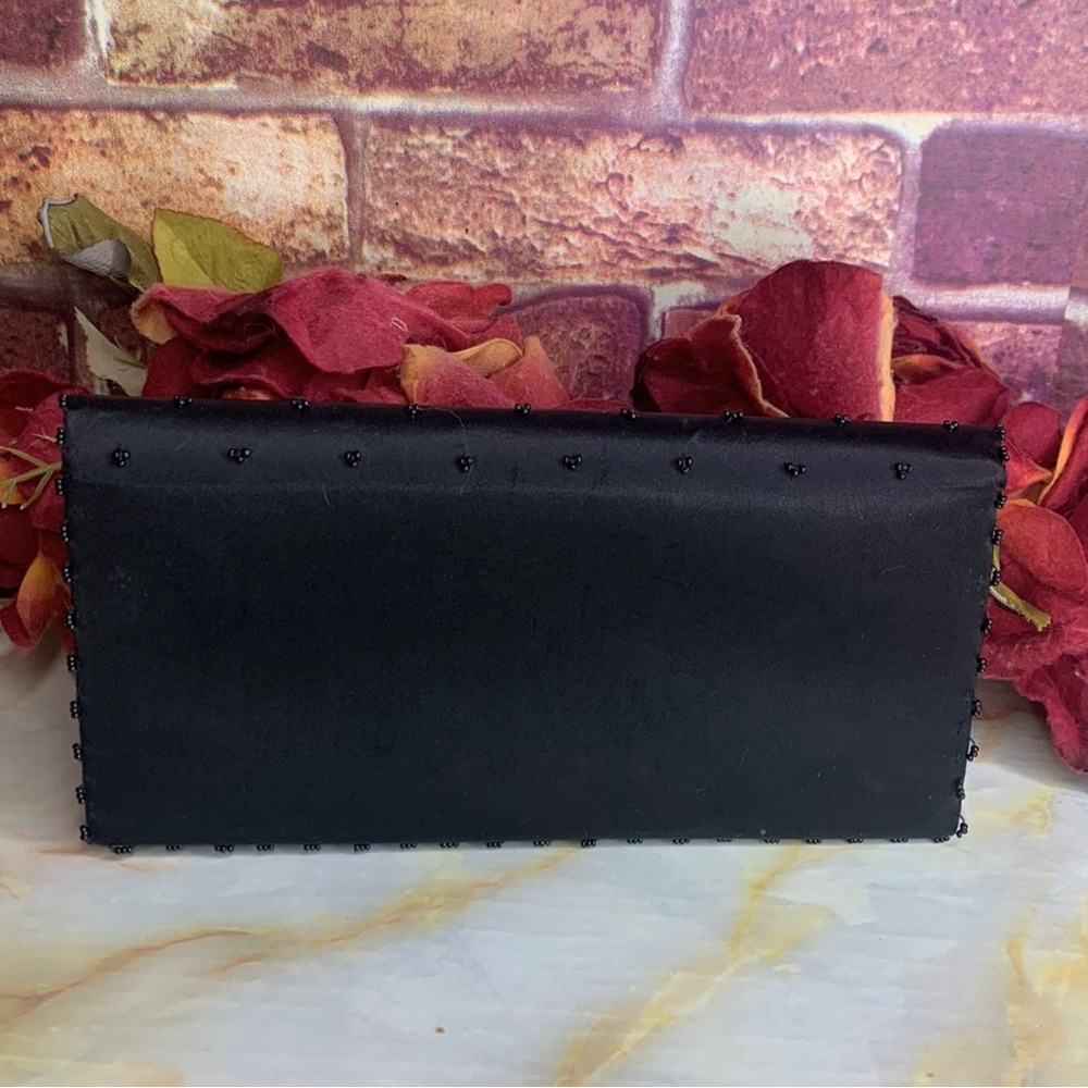 Vintage MCM Jay Dee Black Satin Beaded Floral Embroidered Hard Clutch - Picture 2 of 10